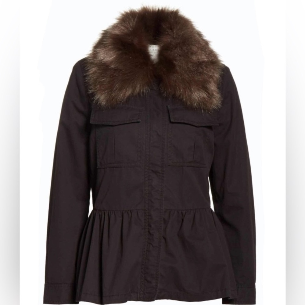 KateSpade black faux fur removable collar peplum military jacket sherpa lined XS